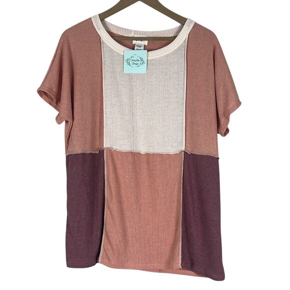 NWT Bibi Ribbed Top Womens M Oversized Pastel Colorblock Short Sleeve Indie Boho - Picture 1 of 5